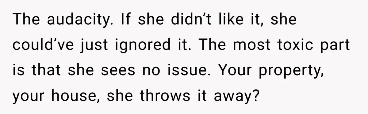The audacity. If she didn’t like it, she could’ve just ignored it. The most toxic part is that she sees no issue. Your property, your house, she throws it away?