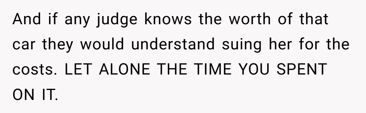 And if any judge knows the worth of that car they would understand suing her for the costs. LET ALONE THE TIME YOU SPENT ON IT.