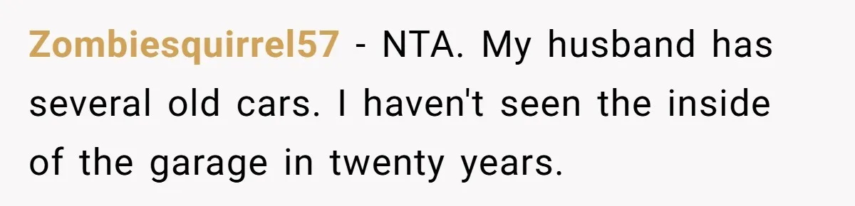 Zombiesquirrel57 − NTA. My husband has several old cars. I haven't seen the inside of the garage in twenty years.