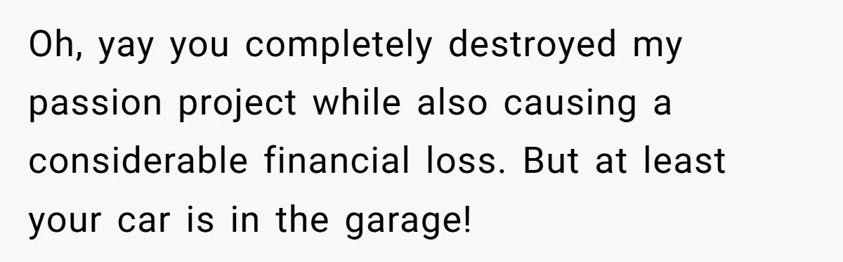 Oh, yay you completely destroyed my passion project while also causing a considerable financial loss. But at least your car is in the garage!