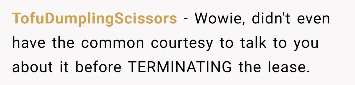 TofuDumplingScissors − Wowie, didn't even have the common courtesy to talk to you about it before TERMINATING the lease.