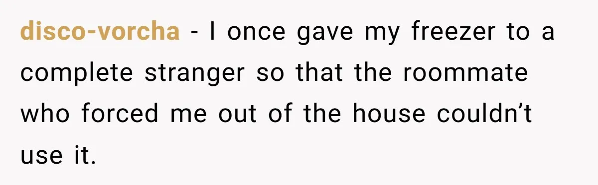 disco-vorcha − I once gave my freezer to a complete stranger so that the roommate who forced me out of the house couldn’t use it.