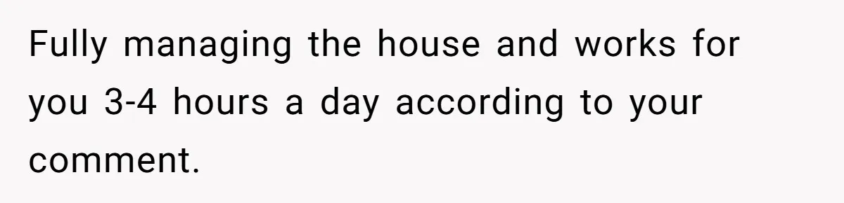 Fully managing the house and works for you 3-4 hours a day according to your comment.