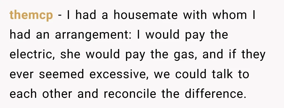 themcp − I had a housemate with whom I had an arrangement: I would pay the electric, she would pay the gas, and if they ever seemed excessive, we could...