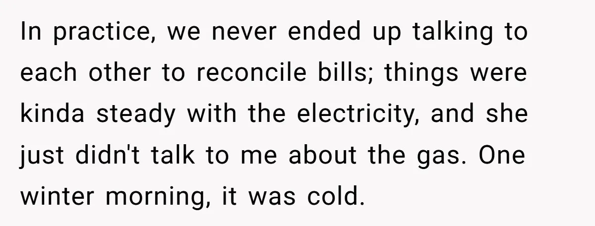 In practice, we never ended up talking to each other to reconcile bills; things were kinda steady with the electricity, and she just didn't talk to me about the gas....