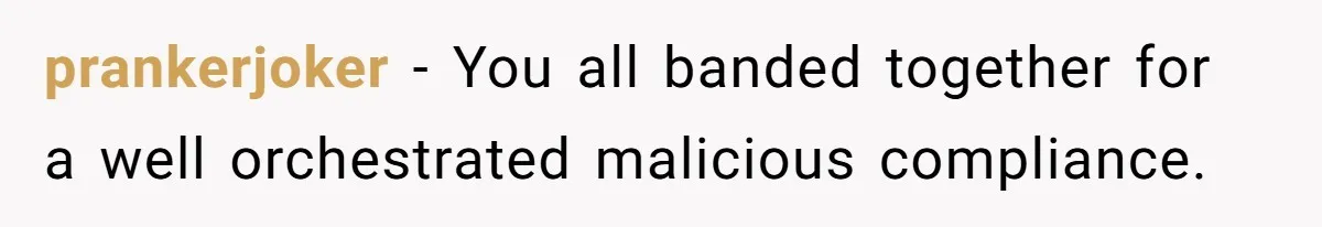 prankerjoker − You all banded together for a well orchestrated malicious compliance.