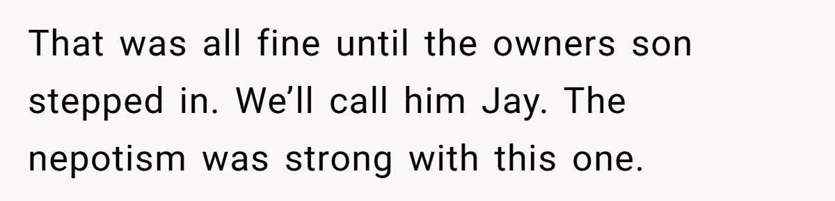 That was all fine until the owners son stepped in. We’ll call him Jay. The nepotism was strong with this one.