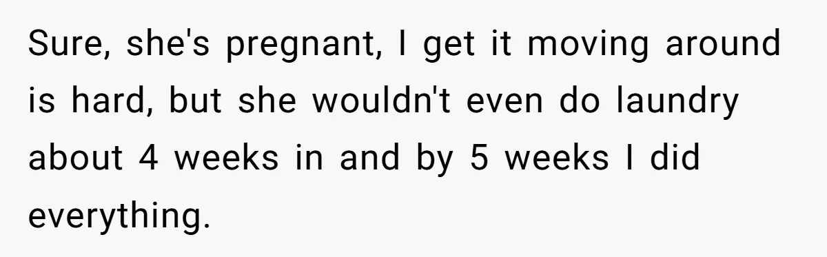 Sure, she's pregnant, I get it moving around is hard, but she wouldn't even do laundry about 4 weeks in and by 5 weeks I did everything.