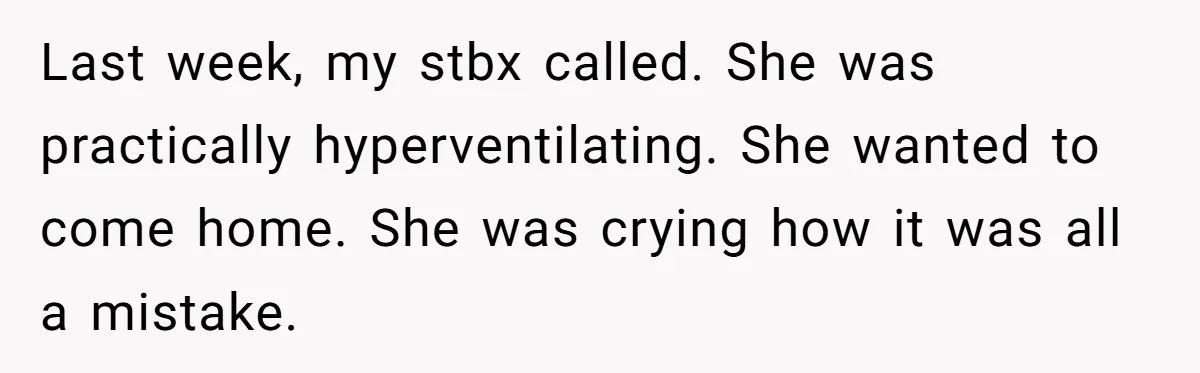 Last week, my stbx called. She was practically hyperventilating. She wanted to come home. She was crying how it was all a mistake.