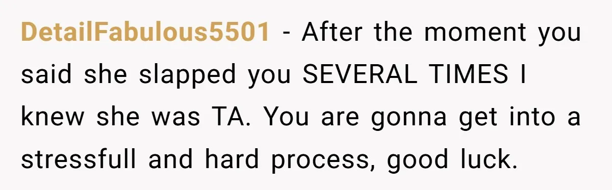 DetailFabulous5501 − After the moment you said she slapped you SEVERAL TIMES I knew she was TA. You are gonna get into a stressfull and hard process, good luck.