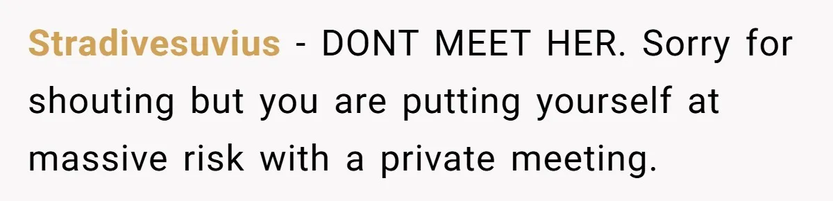 Stradivesuvius − DONT MEET HER. Sorry for shouting but you are putting yourself at massive risk with a private meeting.
