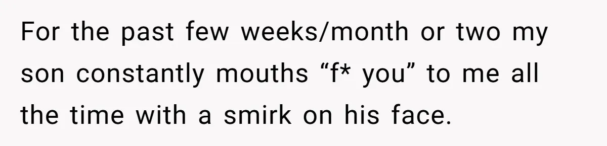 Father Calls Out Son’s Ugly Behavior, Husband Gets Mad About “Tone” In Front Of In-Laws For the past few weeks/month or two my son constantly mouths “f* you” to me all the time with a smirk on his face.
