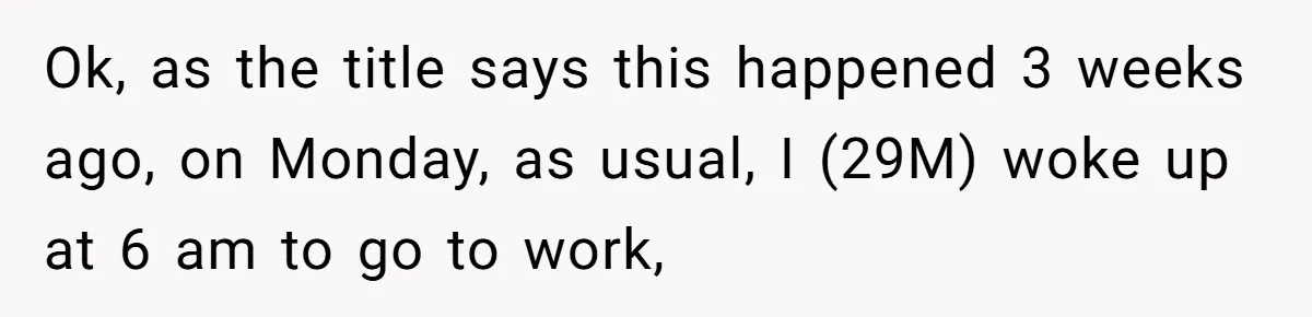 Ok, as the title says this happened 3 weeks ago, on Monday, as usual, I (29M) woke up at 6 am to go to work,