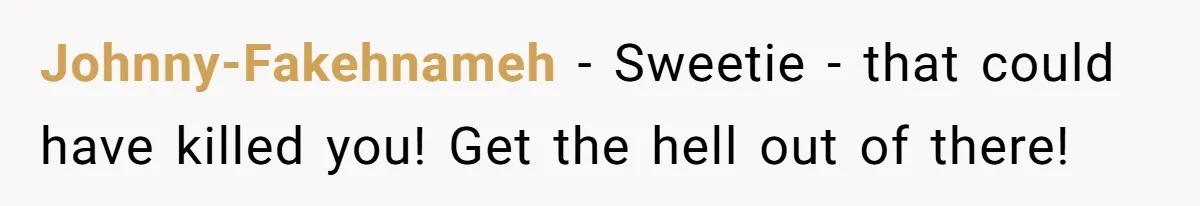 Johnny-Fakehnameh − Sweetie - that could have killed you! Get the hell out of there!