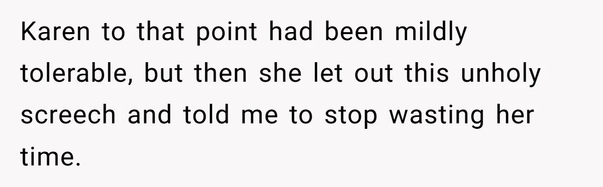 Karen to that point had been mildly tolerable, but then she let out this unholy screech and told me to stop wasting her time.