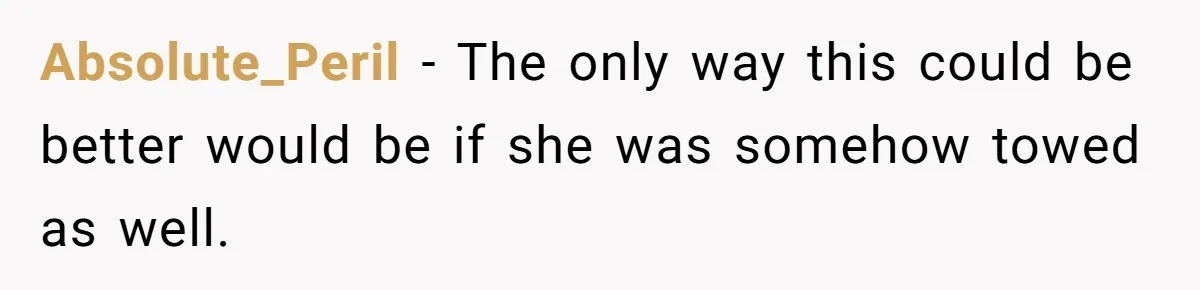 Absolute_Peril − The only way this could be better would be if she was somehow towed as well.