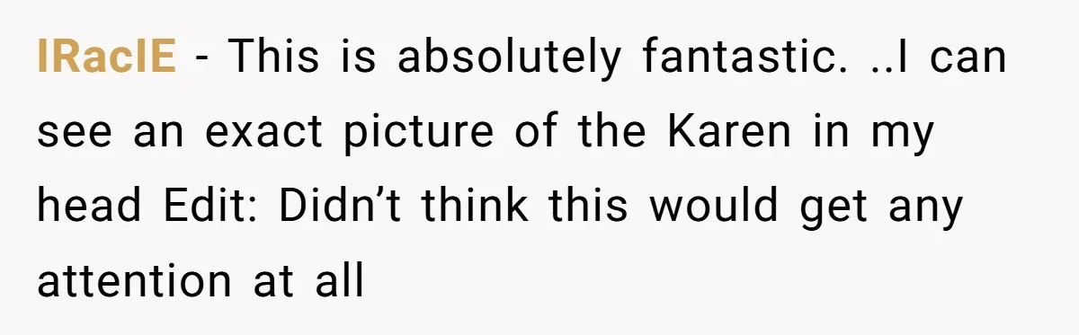 IRacIE − This is absolutely fantastic. ..I can see an exact picture of the Karen in my head Edit: Didn’t think this would get any attention at all