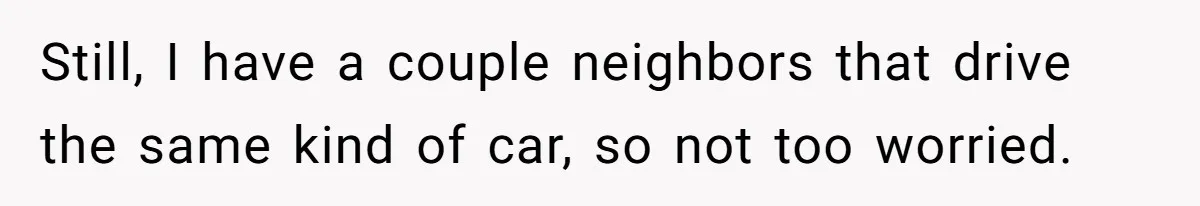 Still, I have a couple neighbors that drive the same kind of car, so not too worried.