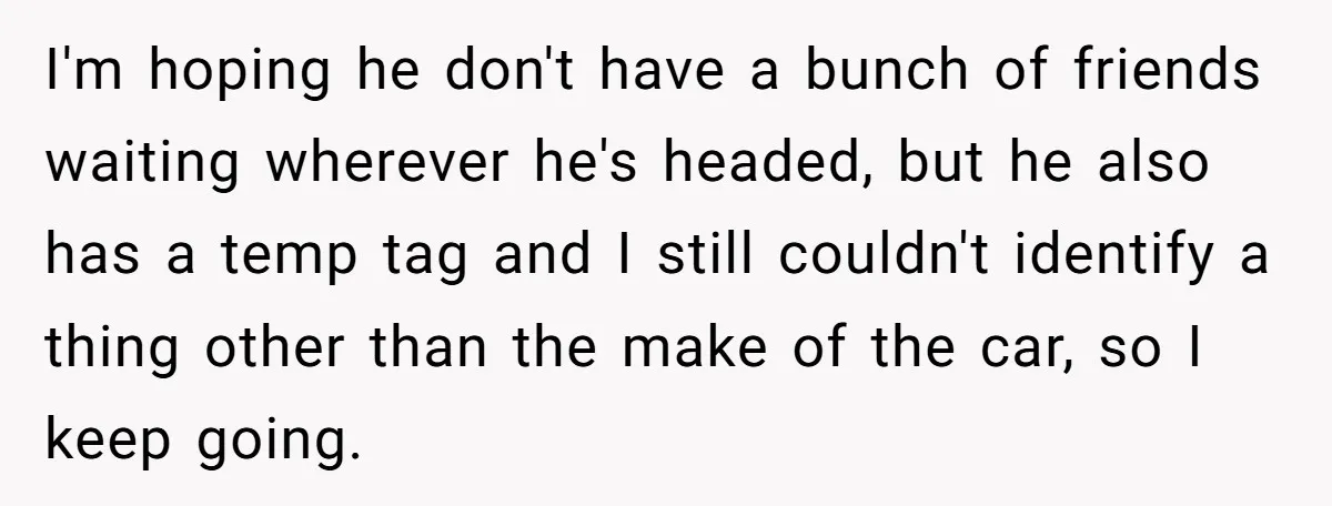 I'm hoping he don't have a bunch of friends waiting wherever he's headed, but he also has a temp tag and I still couldn't identify a thing other than the...