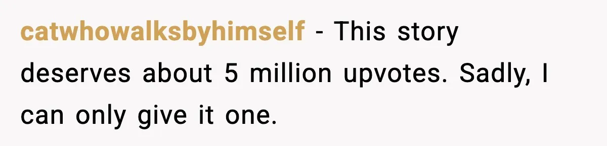 catwhowalksbyhimself − This story deserves about 5 million upvotes. Sadly, I can only give it one.