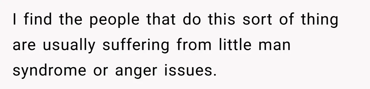 I find the people that do this sort of thing are usually suffering from little man syndrome or anger issues.
