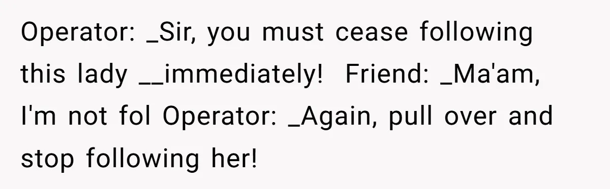 Operator: _Sir, you must cease following this lady __immediately!  Friend: _Ma'am, I'm not fol Operator: _Again, pull over and stop following her!