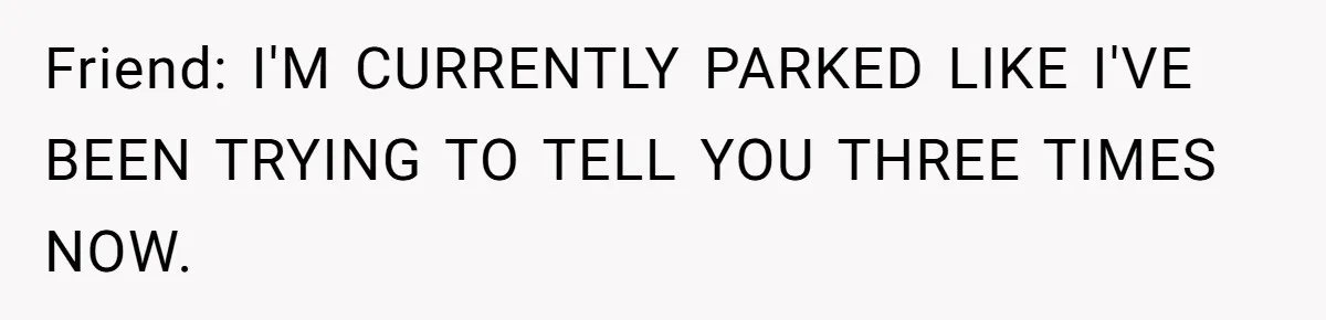 Friend: I'M CURRENTLY PARKED LIKE I'VE BEEN TRYING TO TELL YOU THREE TIMES NOW.