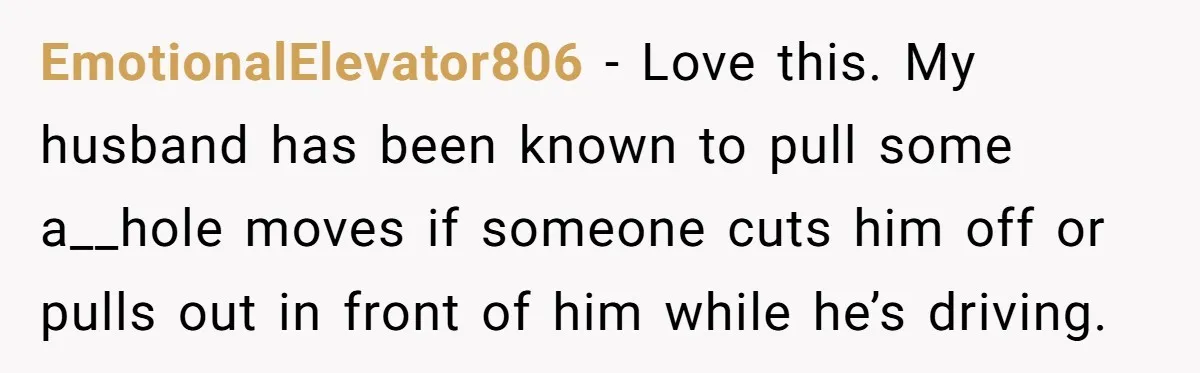 EmotionalElevator806 − Love this. My husband has been known to pull some a__hole moves if someone cuts him off or pulls out in front of him while he’s driving.