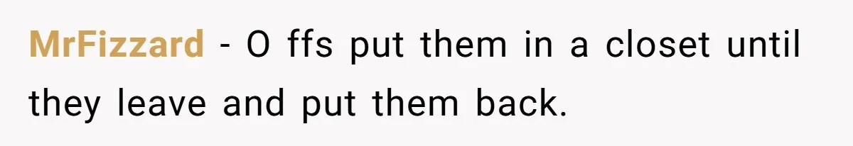 MrFizzard − O ffs put them in a closet until they leave and put them back.