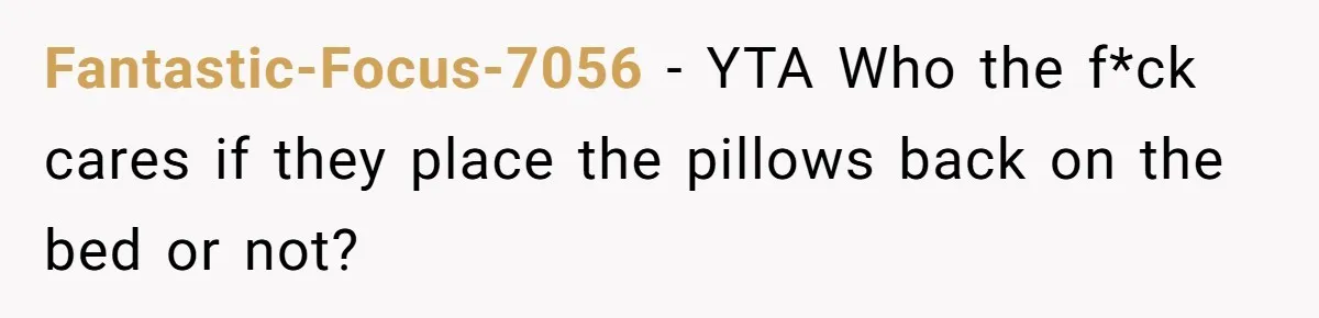 Fantastic-Focus-7056 − YTA Who the f*ck cares if they place the pillows back on the bed or not?