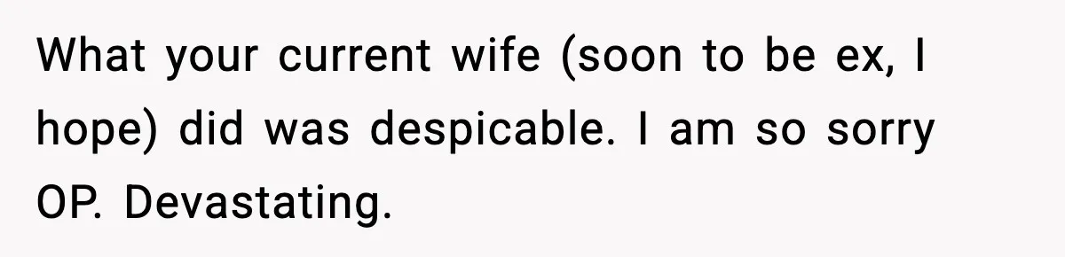What your current wife (soon to be ex, I hope) did was despicable. I am so sorry OP. Devastating.