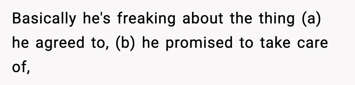 Basically he's freaking about the thing (a) he agreed to, (b) he promised to take care of,