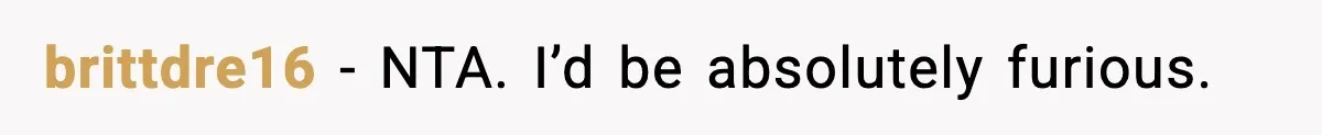 brittdre16 − NTA. I’d be absolutely furious.