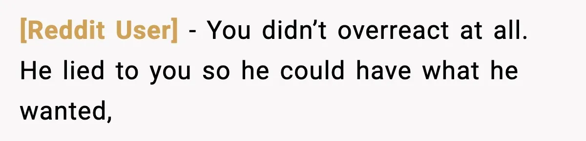 [Reddit User] − You didn’t overreact at all. He lied to you so he could have what he wanted,