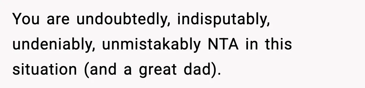You are undoubtedly, indisputably, undeniably, unmistakably NTA in this situation (and a great dad).