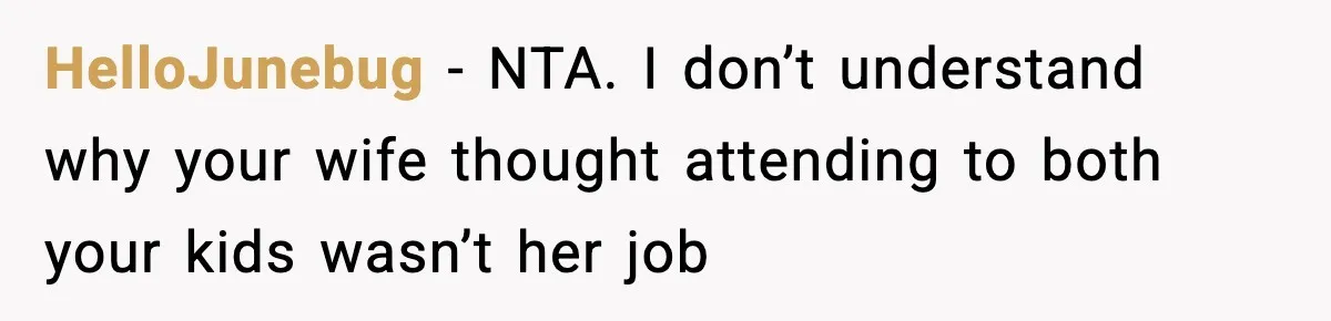 HelloJunebug − NTA. I don’t understand why your wife thought attending to both your kids wasn’t her job