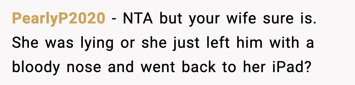 PearlyP2020 − NTA but your wife sure is. She was lying or she just left him with a bloody nose and went back to her iPad?