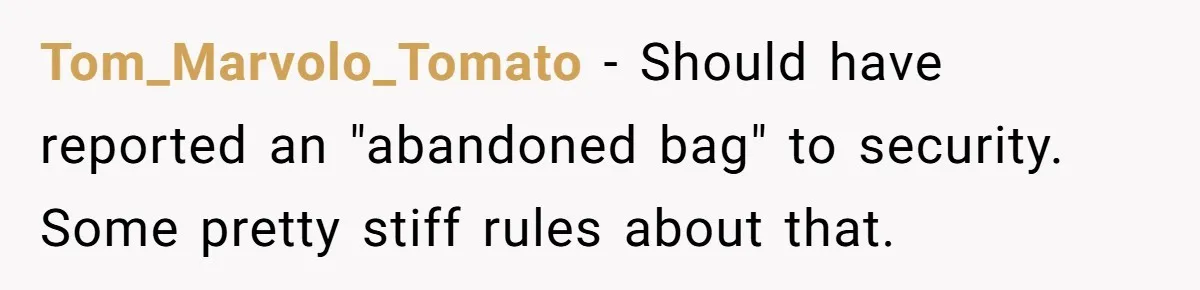 Tom_Marvolo_Tomato − Should have reported an "abandoned bag" to security. Some pretty stiff rules about that.