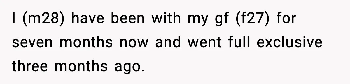 I (m28) have been with my gf (f27) for seven months now and went full exclusive three months ago.