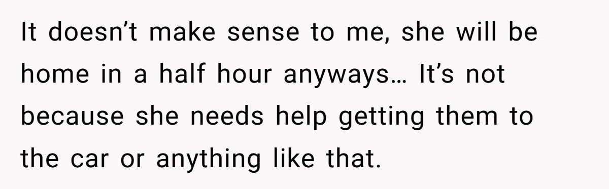 It doesn’t make sense to me, she will be home in a half hour anyways… It’s not because she needs help getting them to the car or anything like that.