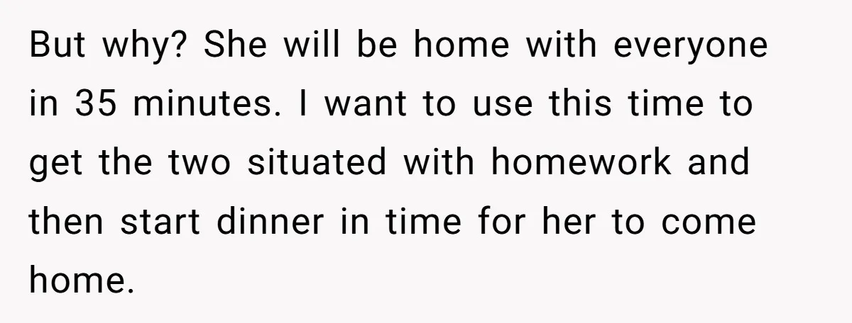 But why? She will be home with everyone in 35 minutes. I want to use this time to get the two situated with homework and then start dinner in time...