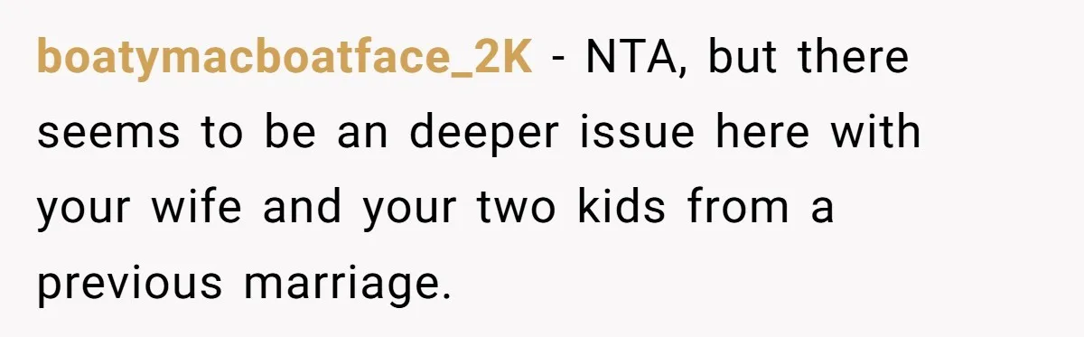 boatymacboatface_2K − NTA, but there seems to be an deeper issue here with your wife and your two kids from a previous marriage.