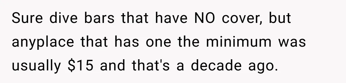 Sure dive bars that have NO cover, but anyplace that has one the minimum was usually $15 and that's a decade ago.