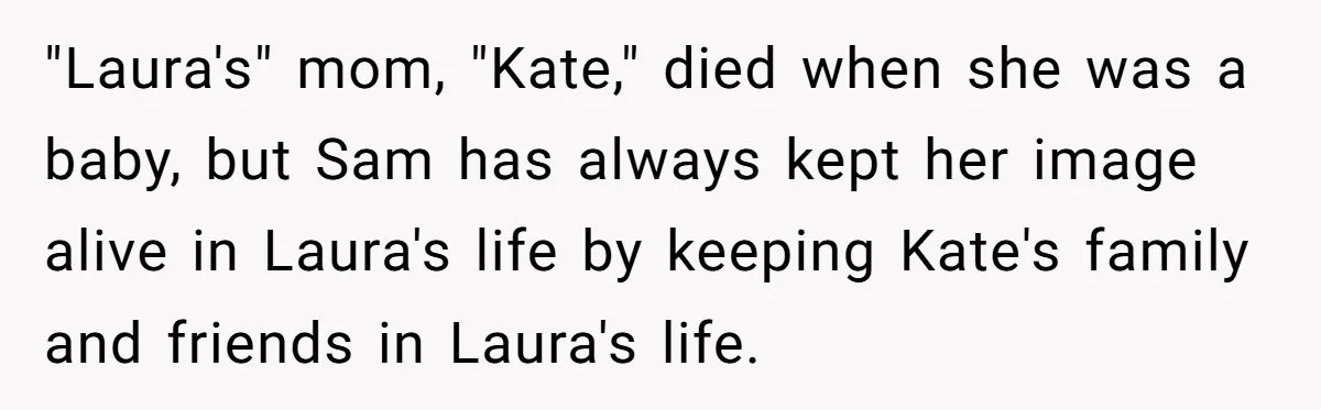 "Laura's" mom, "Kate," died when she was a baby, but Sam has always kept her image alive in Laura's life by keeping Kate's family and friends in Laura's life.