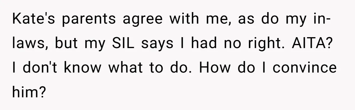 Kate's parents agree with me, as do my in-laws, but my SIL says I had no right. AITA? I don't know what to do. How do I convince him?