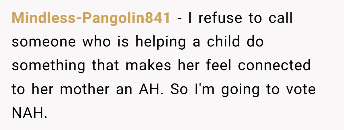 Mindless-Pangolin841 − I refuse to call someone who is helping a child do something that makes her feel connected to her mother an AH. So I'm going to vote NAH.