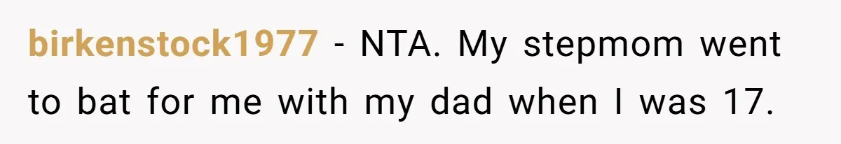 birkenstock1977 − NTA. My stepmom went to bat for me with my dad when I was 17.