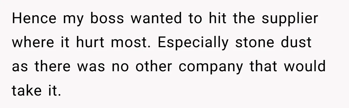 Honest Employee Outsmarts Corrupt Boss With One Brilliant Move That Leaves Him Powerless Hence my boss wanted to hit the supplier where it hurt most. Especially stone dust as there was no other company that would take it.