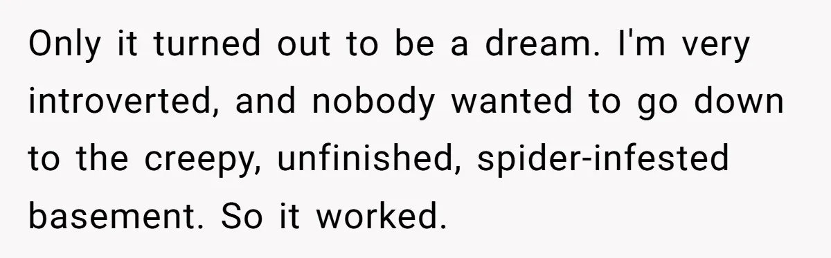Woman Transforms Creepy Basement Into Dream Retreat Only For Sister’s Kids To Overrun It Only it turned out to be a dream. I'm very introverted, and nobody wanted to go down to the creepy, unfinished, spider-infested basement. So it worked.