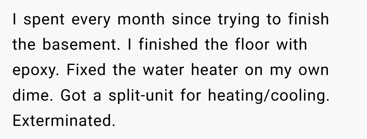 Woman Transforms Creepy Basement Into Dream Retreat Only For Sister’s Kids To Overrun It I spent every month since trying to finish the basement. I finished the floor with epoxy. Fixed the water heater on my own dime. Got a split-unit for heating/cooling. Exterminated.